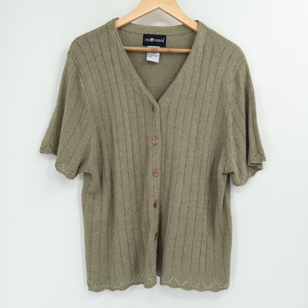 Vintage 90s Knit Top Women XL Green Silk Pointelle Cottagecore Butter Mom Earthy